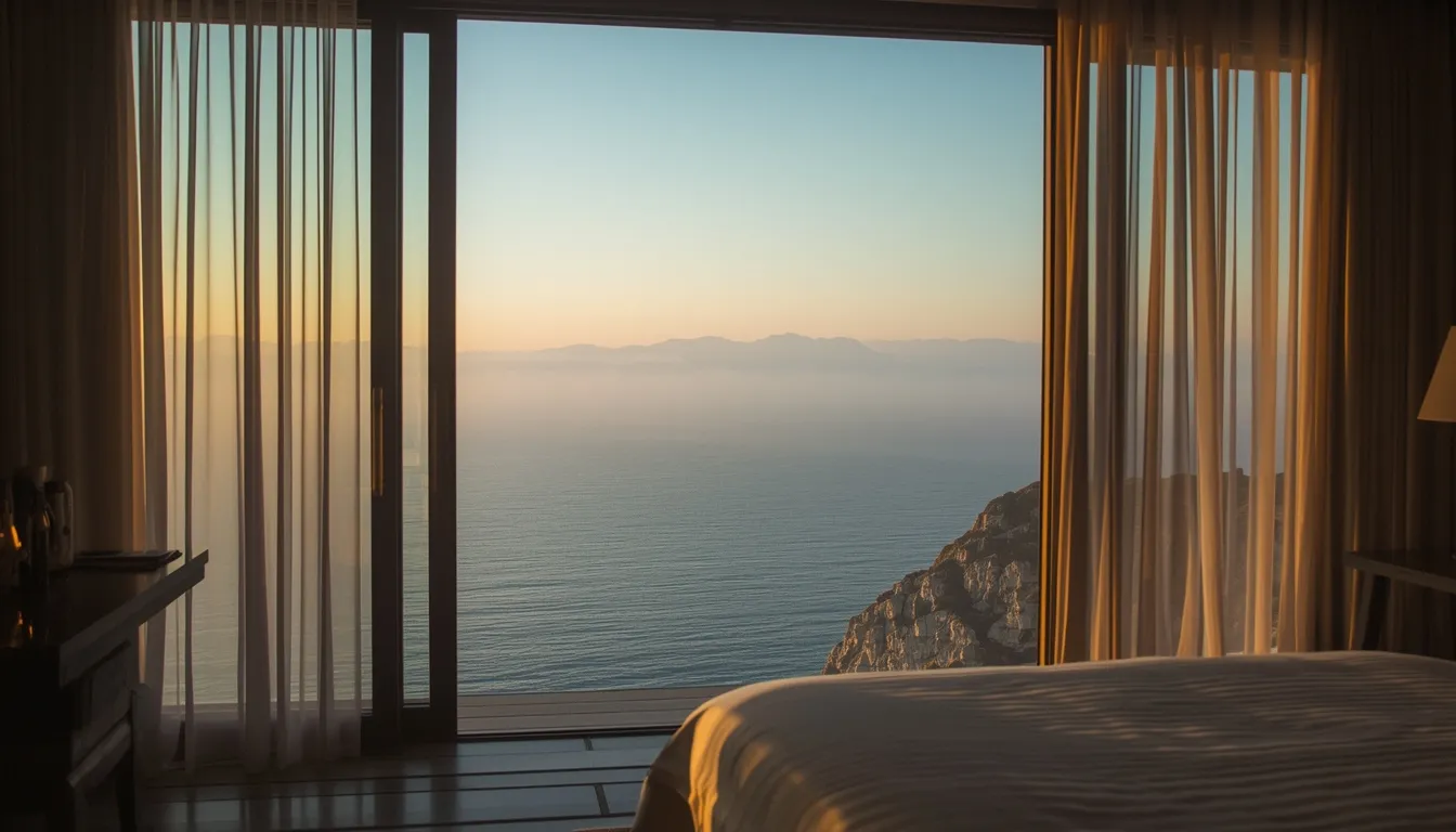 Cliffside hotel suite opening onto a misty ocean at dawn (AI artwork)